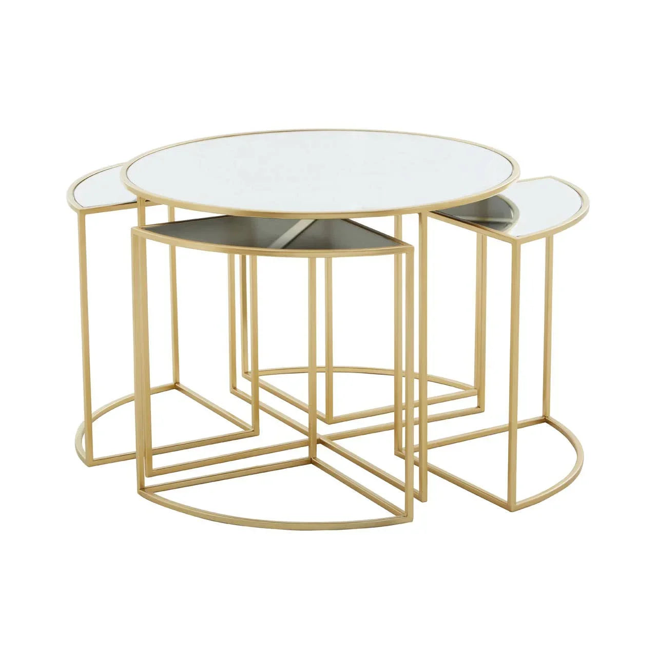 Round glass coffee table with gold metal frame and three matching nest tables