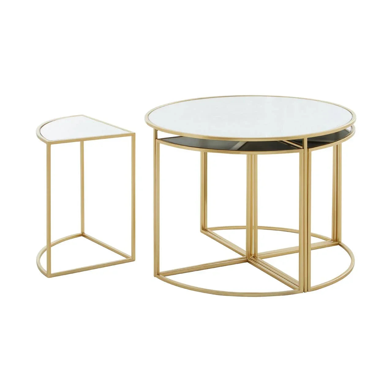 Gold metal and glass nest of tables set with round and semi-circle shapes