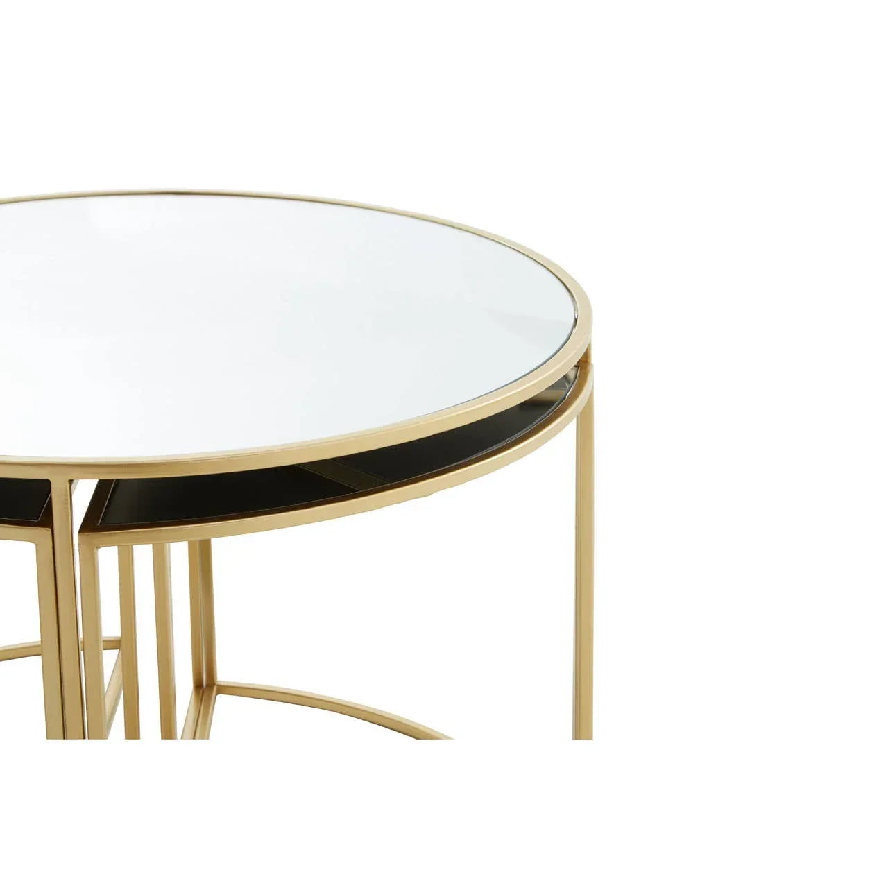 Round glass coffee table with gold metal frame close-up