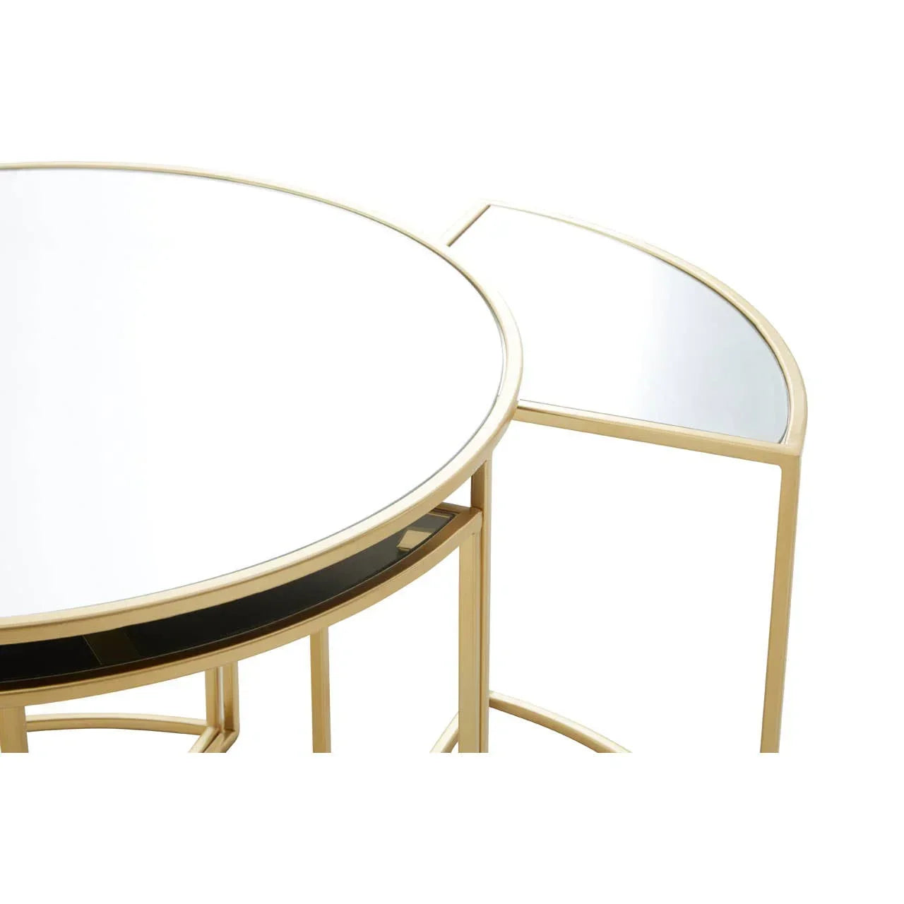 Gold glass nest of tables with round mirrored tops, side view