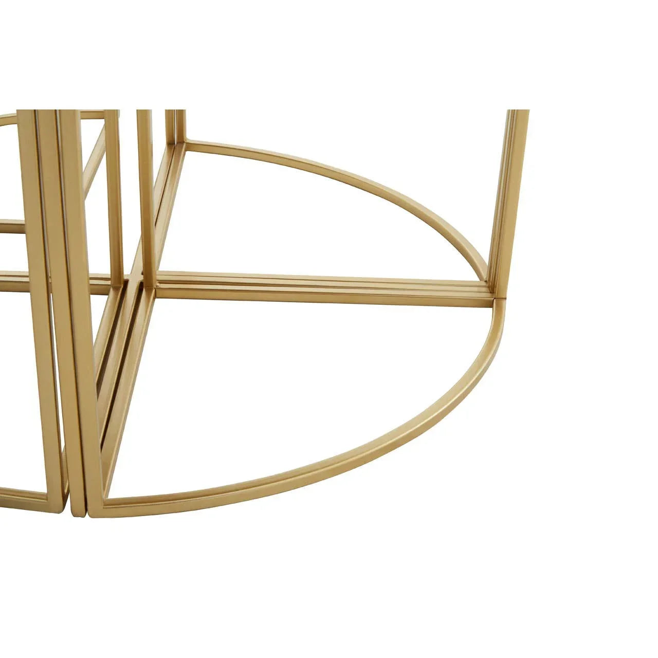 Gold metal coffee table base with geometric frame and semi-circular support detail