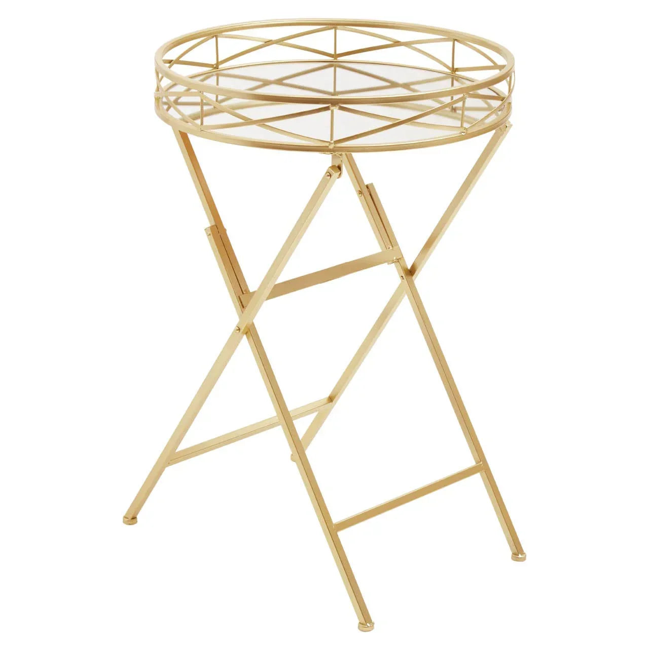 Gold metal side table with glass top and folding legs, geometric lattice edge detail