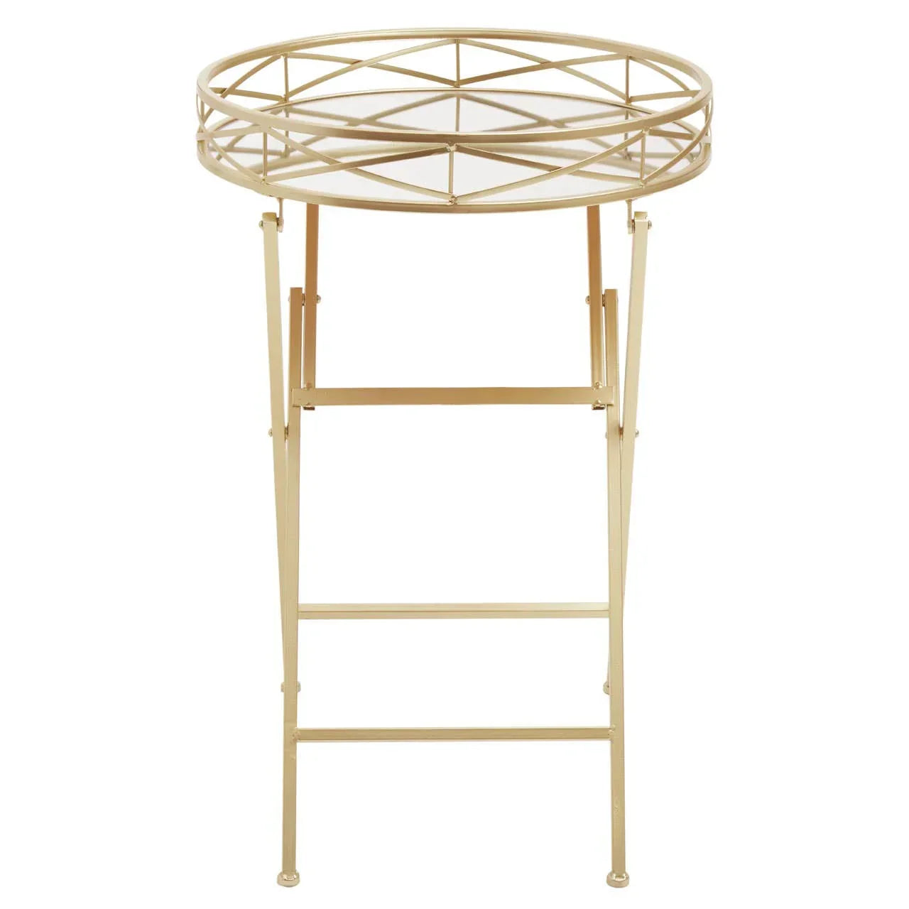 Gold metal folding side table with glass top and lattice design