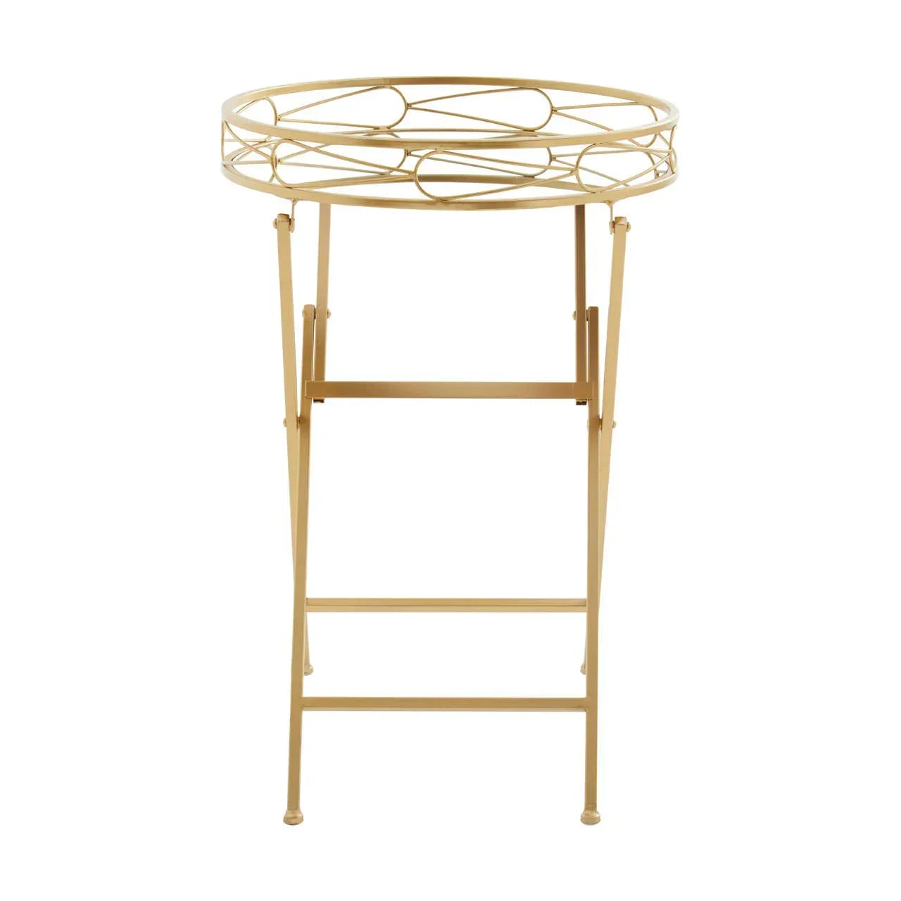Round gold metal side table with decorative openwork rim and folding legs