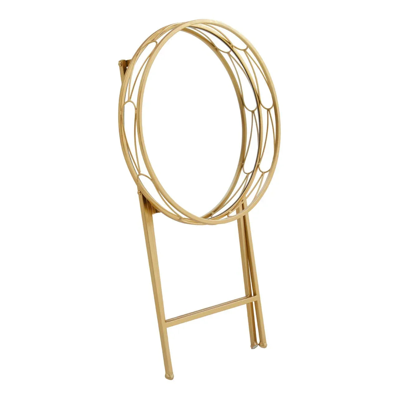 Gold metal decorative display stand with round geometric frame and two support legs