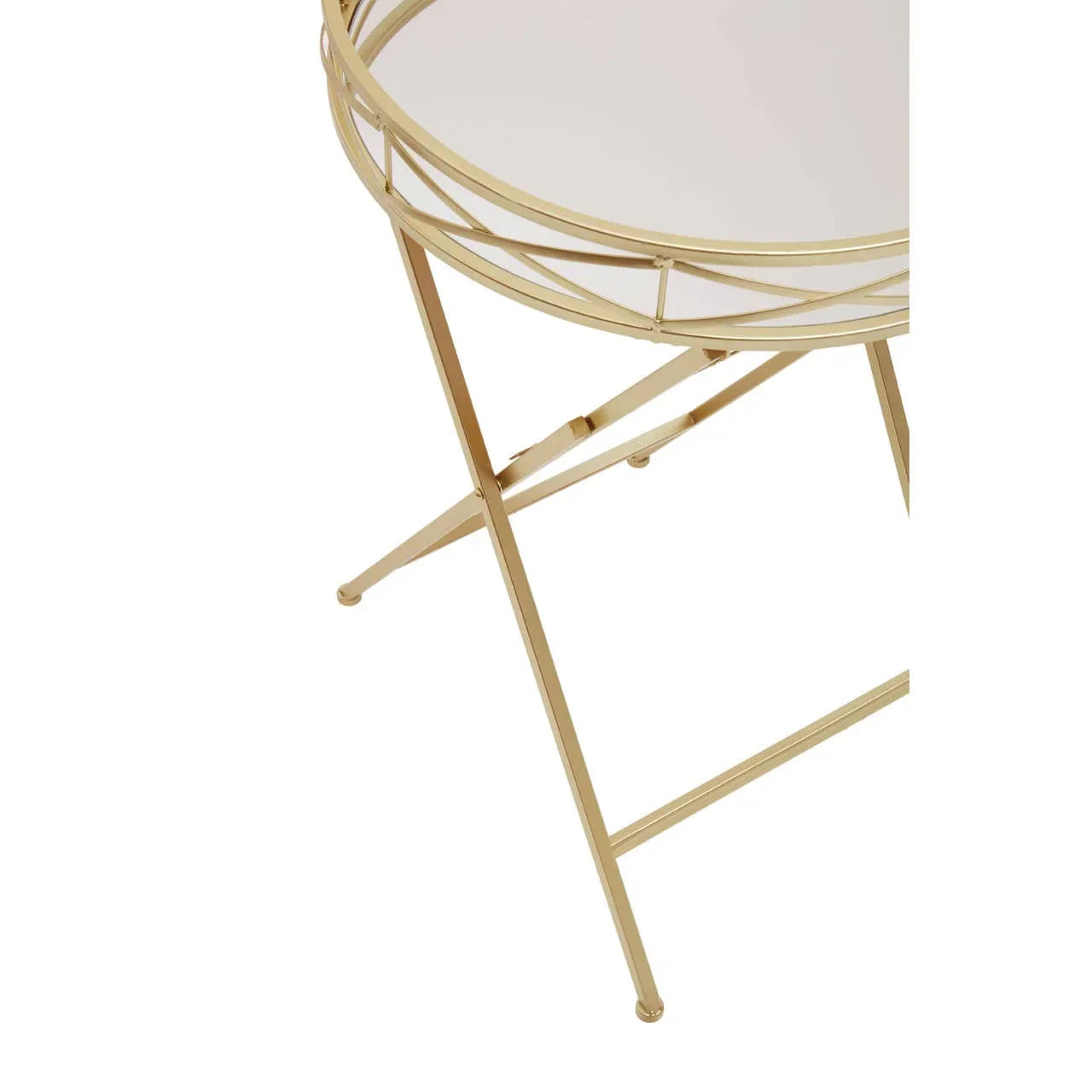 Round gold metal side table with glass top and cross-frame legs