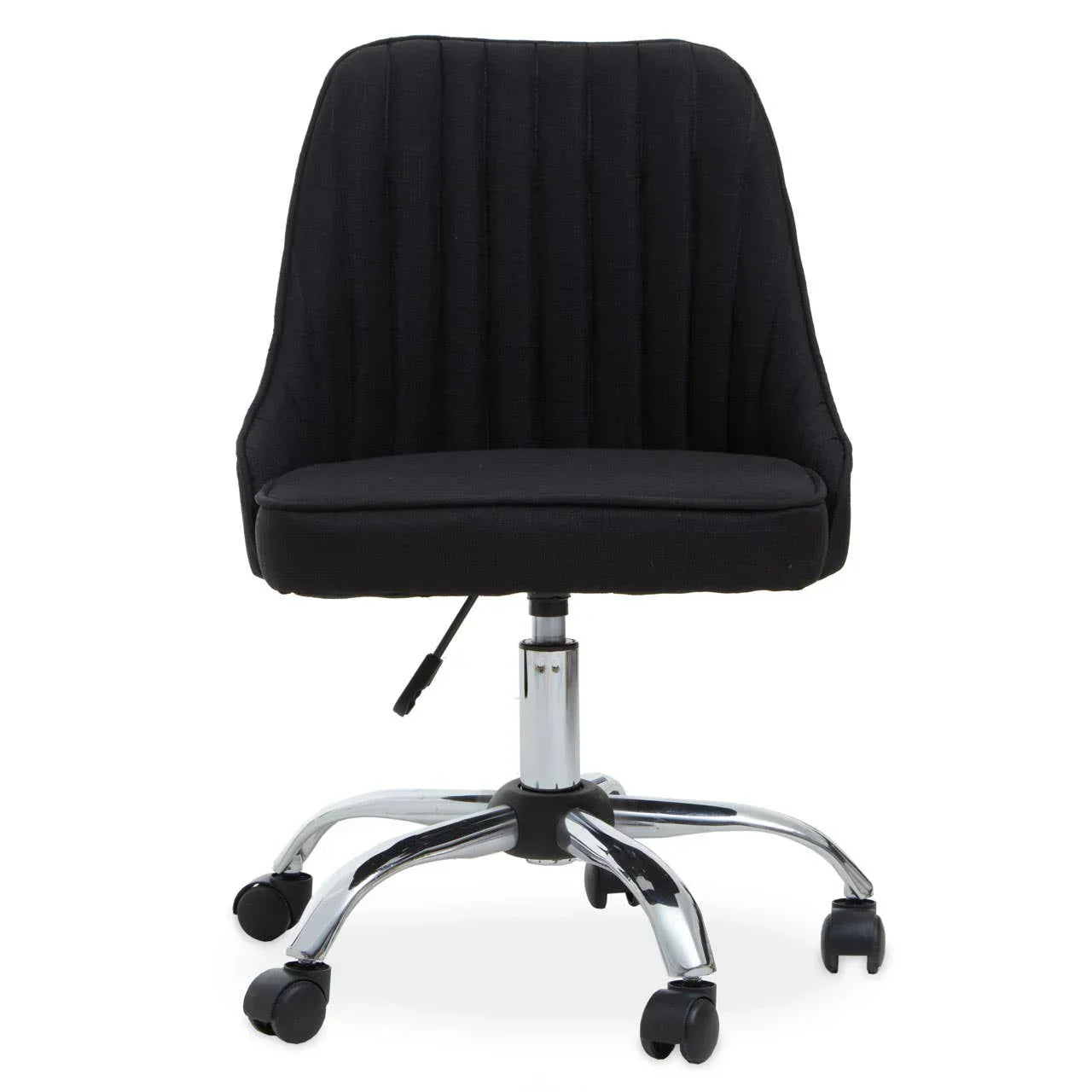 Black fabric office chair with chrome base and wheels, front view