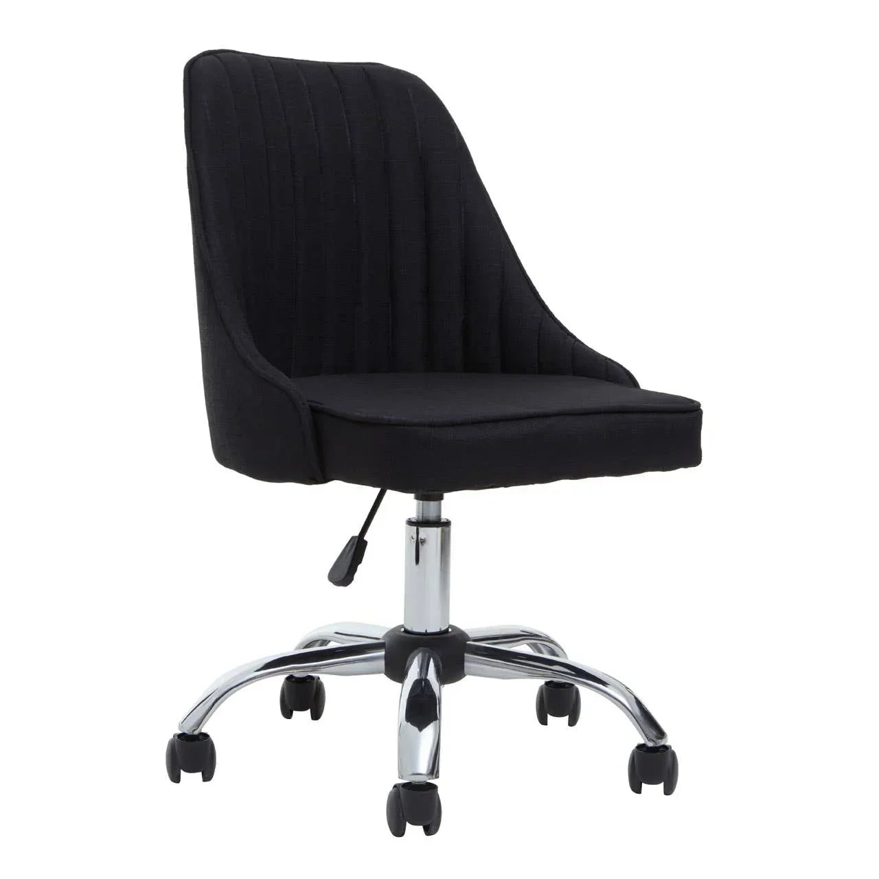 Black fabric office chair with chrome base and wheels, side angle view
