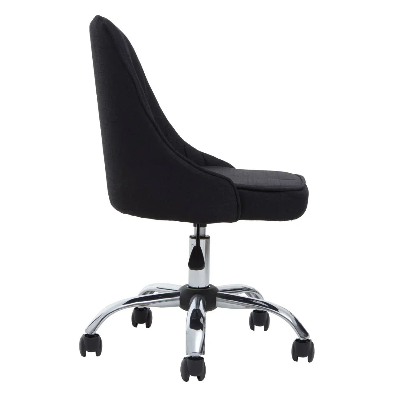 Black office chair with cushioned seat and chrome base on casters, side profile view
