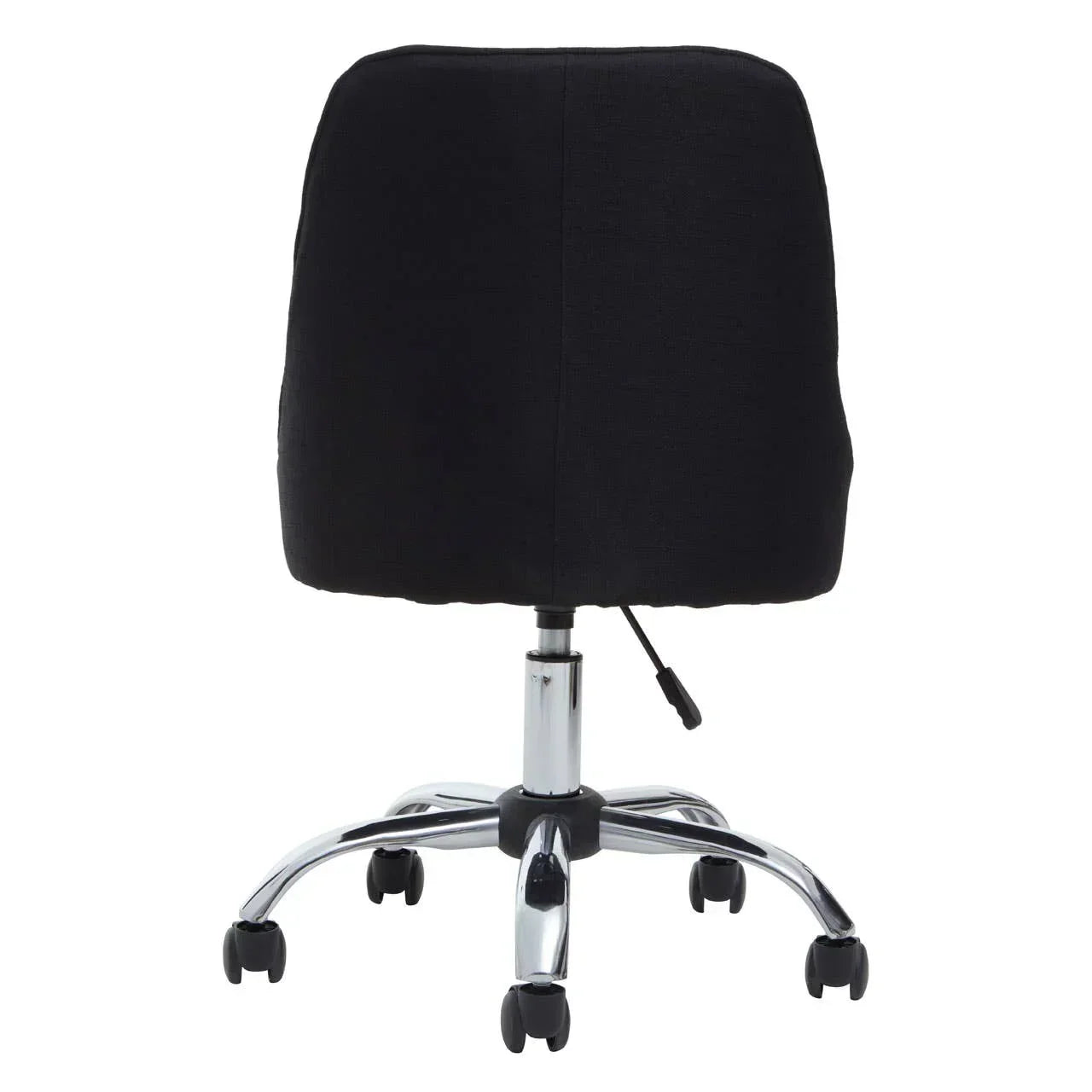 Black office chair with chrome base and castor wheels shown from the back