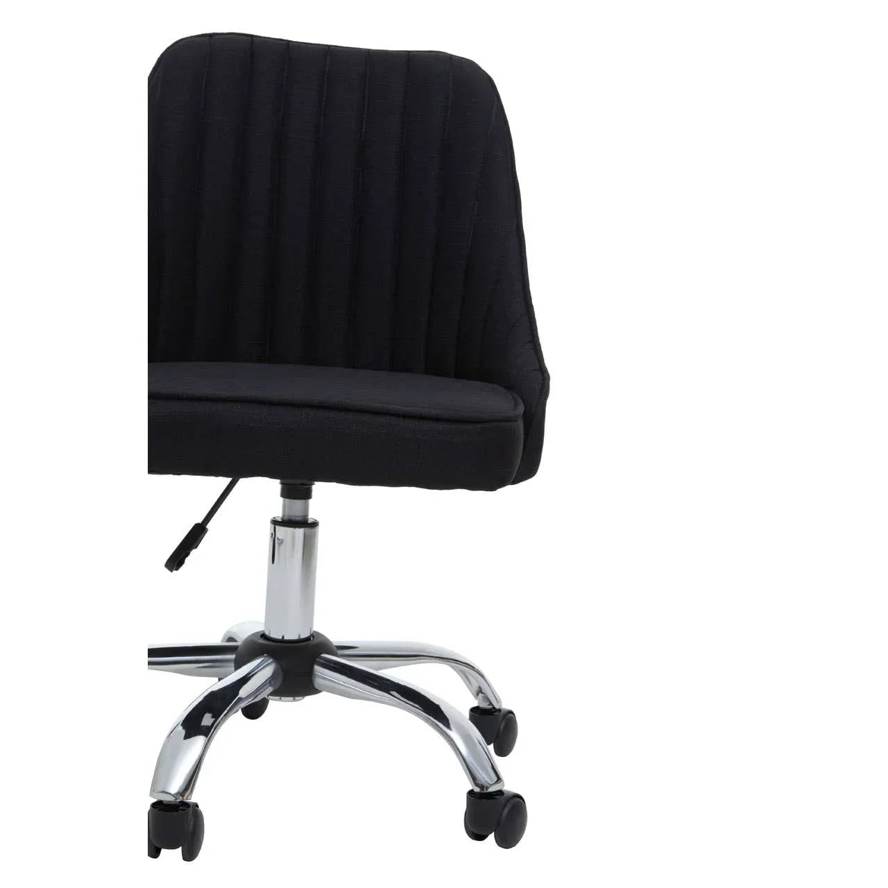 Black office chair with padded seat, chrome base and castor wheels, side view