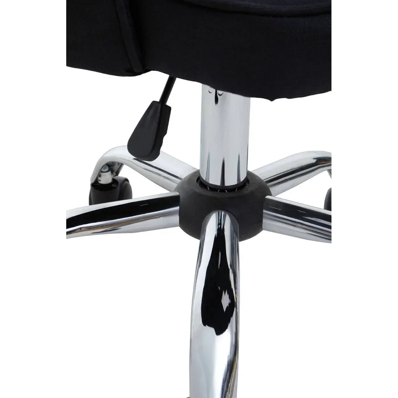 Chrome office chair base with five legs and black castor wheels, lever visible