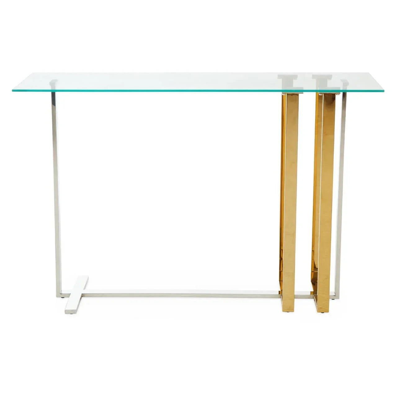 Glass console table with gold and silver metal legs, rectangular and modern design