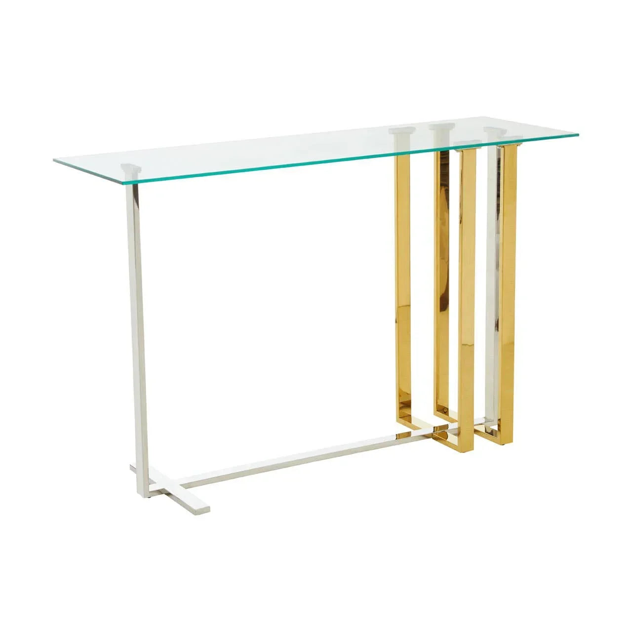 Glass console table with gold and chrome metal legs, modern rectangular design