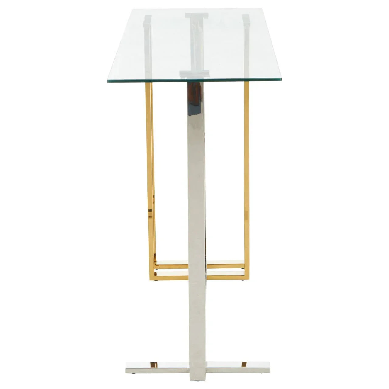Glass top side table with chrome and gold metal frame, side angle view
