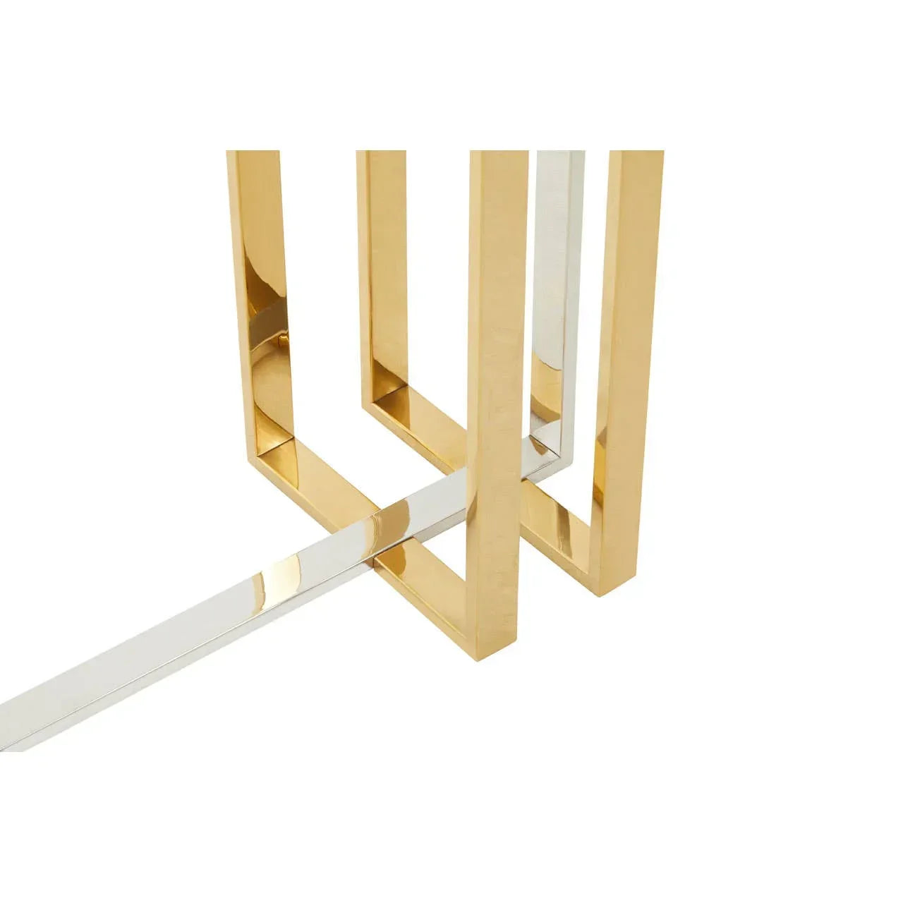 Gold metal table legs with chrome crossbar closeup on white background