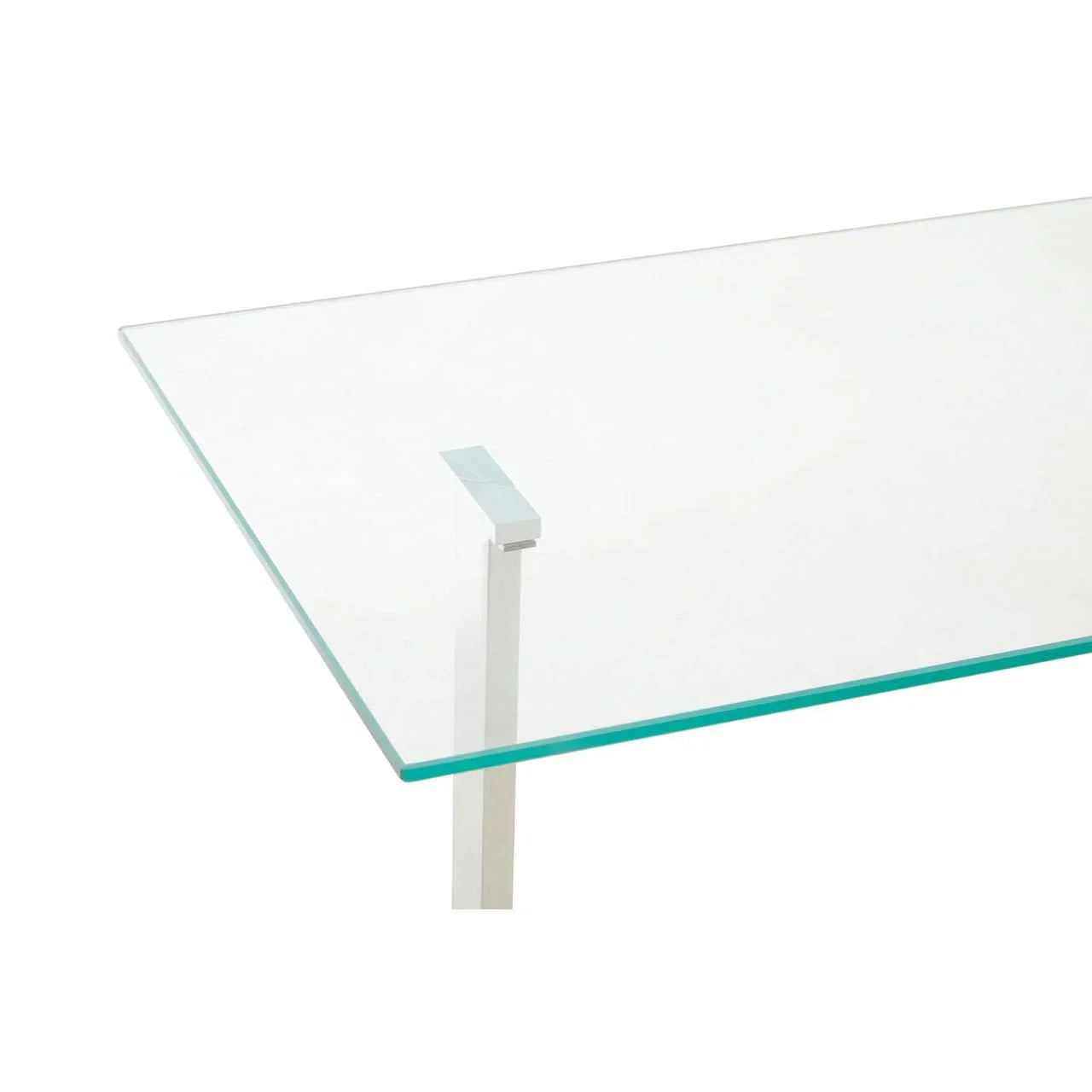 Clear glass dining table top with metal leg detail