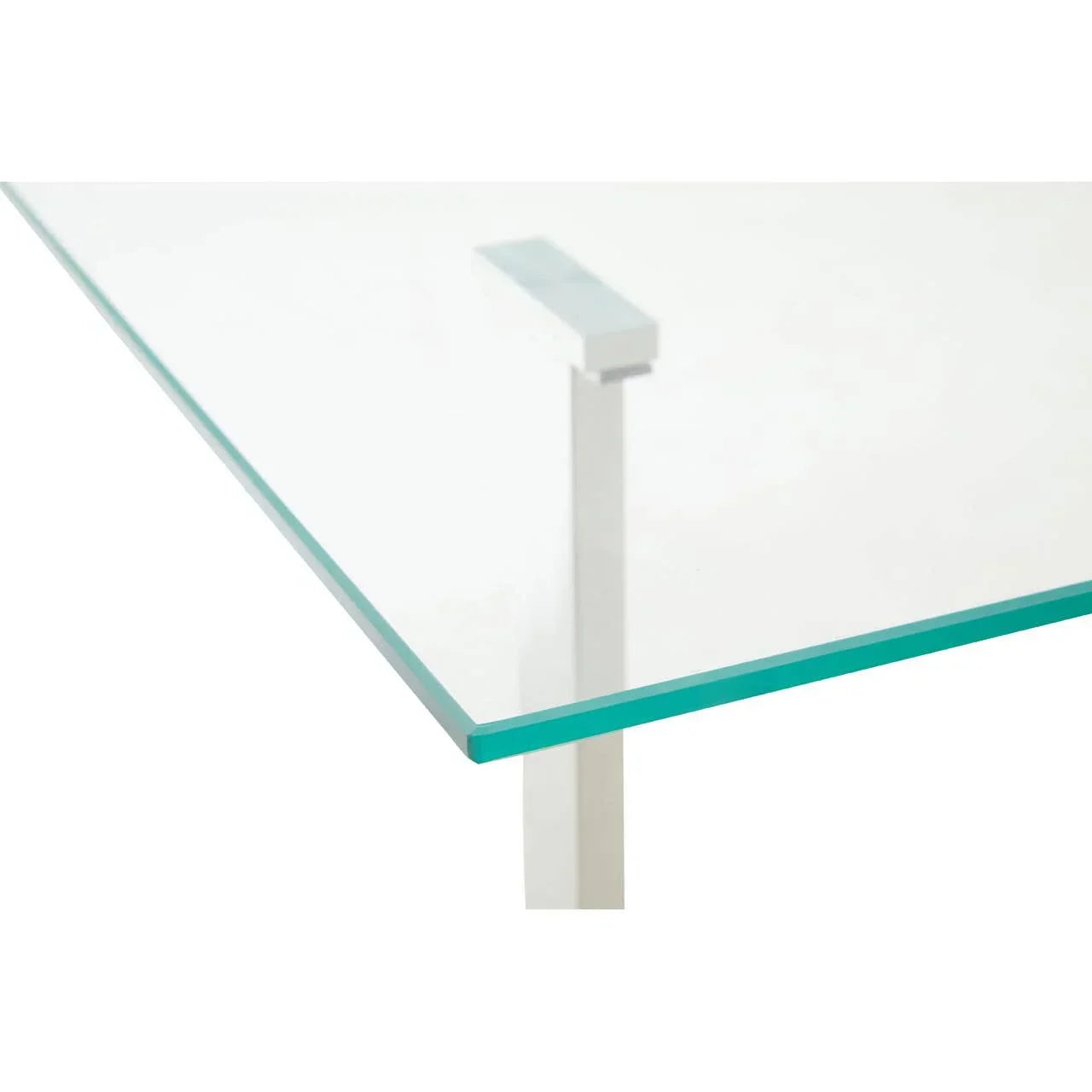 Clear glass table top with straight edge and metal corner leg
