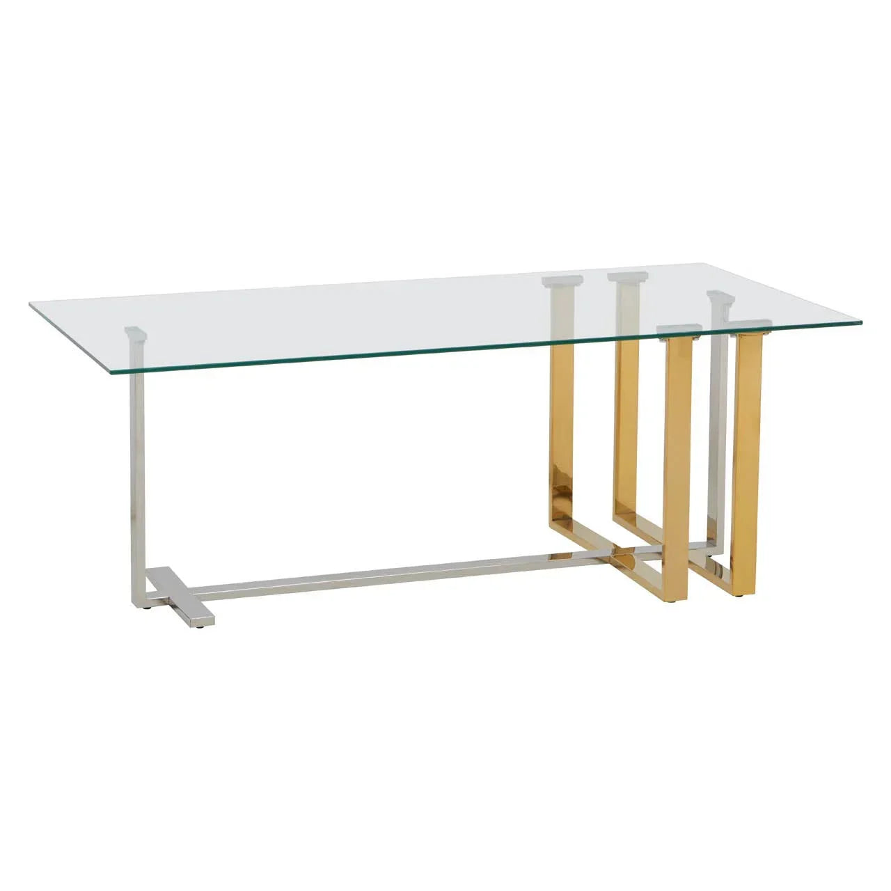 Glass coffee table with chrome and gold metal legs, modern rectangular design