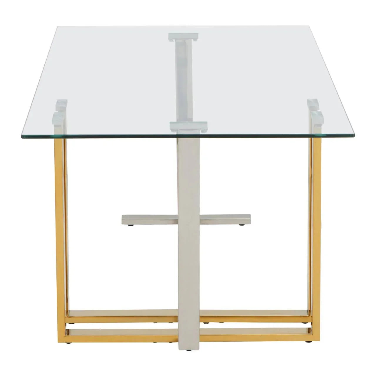 Glass dining table with gold and chrome metal legs, square top, front angle view