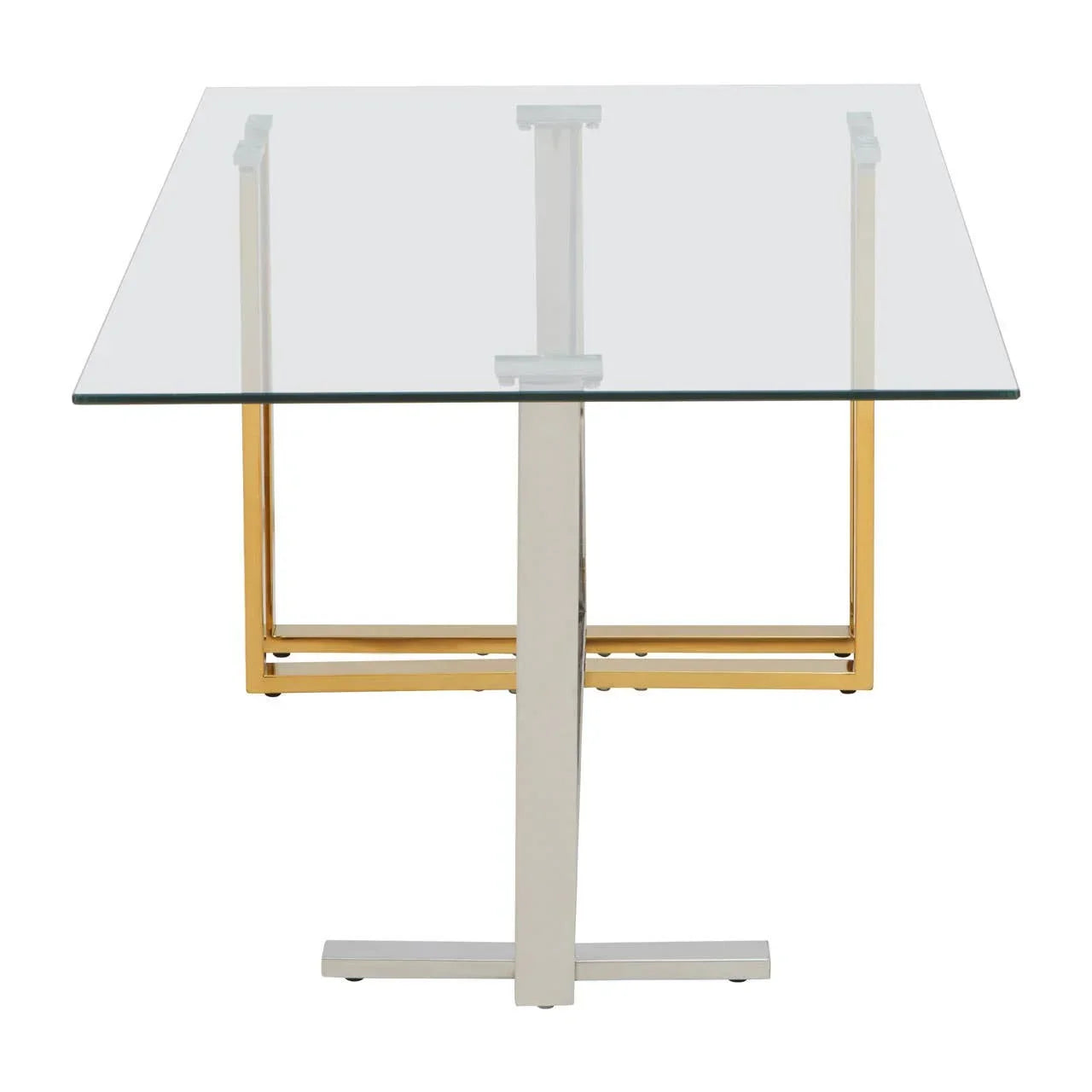 Square glass dining table with chrome and gold metal legs, viewed from the front