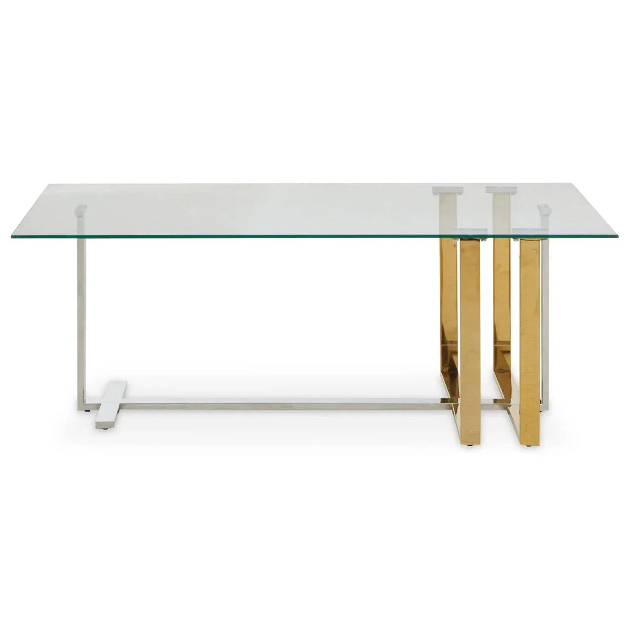 Glass coffee table with gold and chrome metal legs, rectangular shape on white background