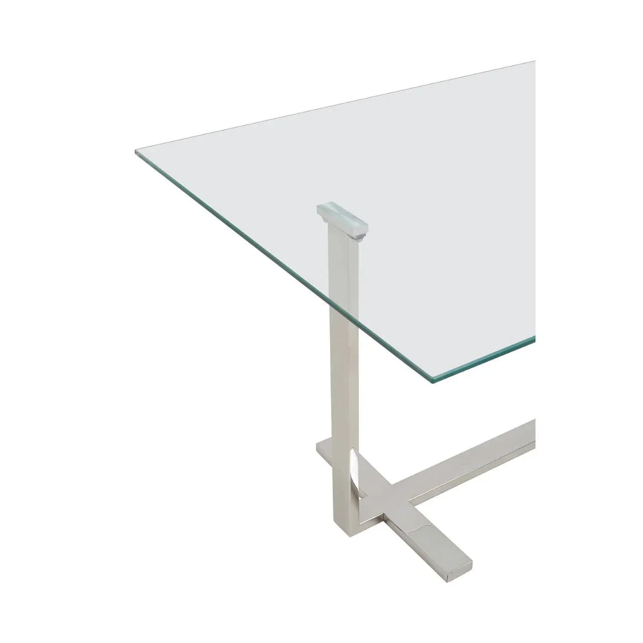 Clear glass dining table top with chrome metal leg and modern cross base detail