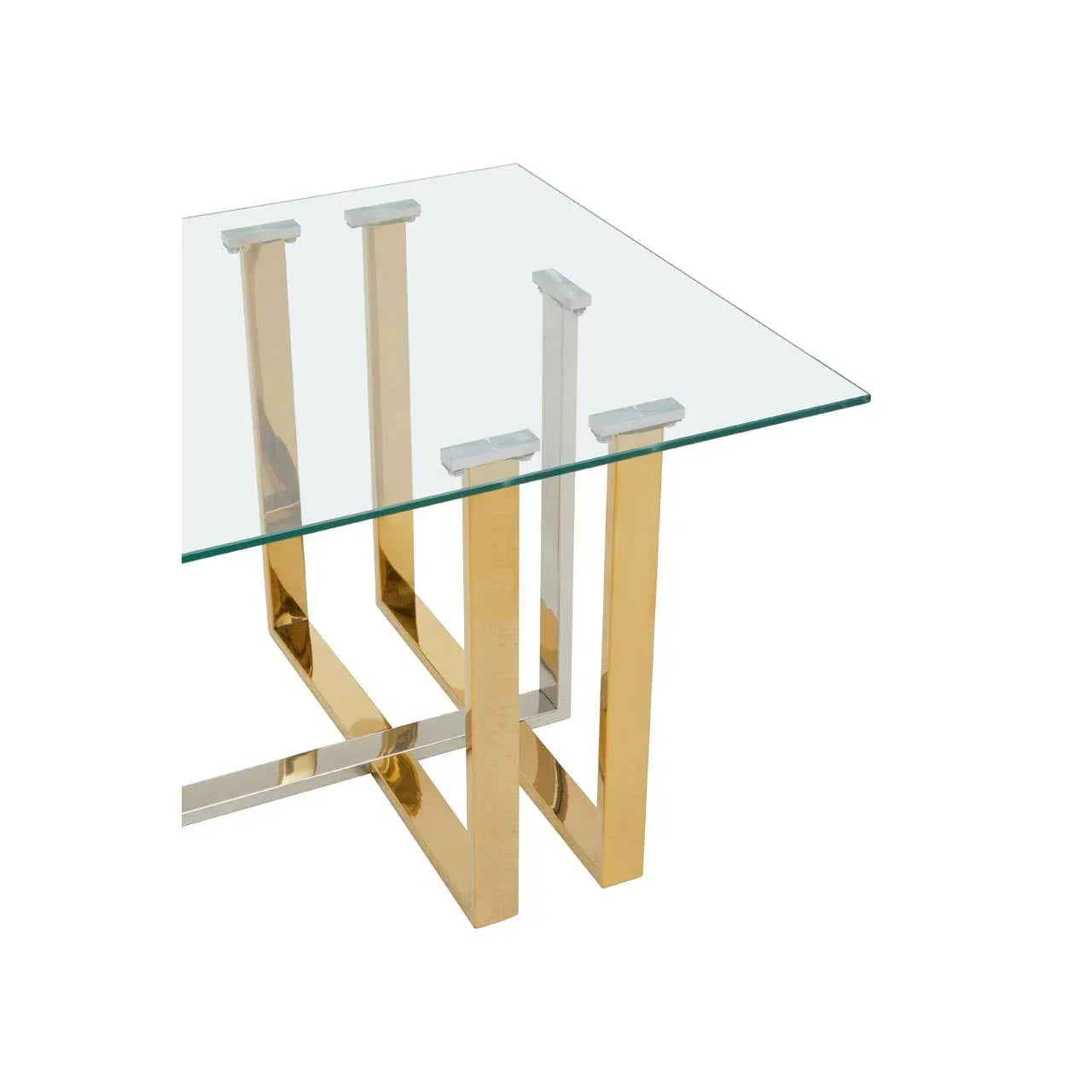 Square glass coffee table with gold metal legs and chrome accents, modern design