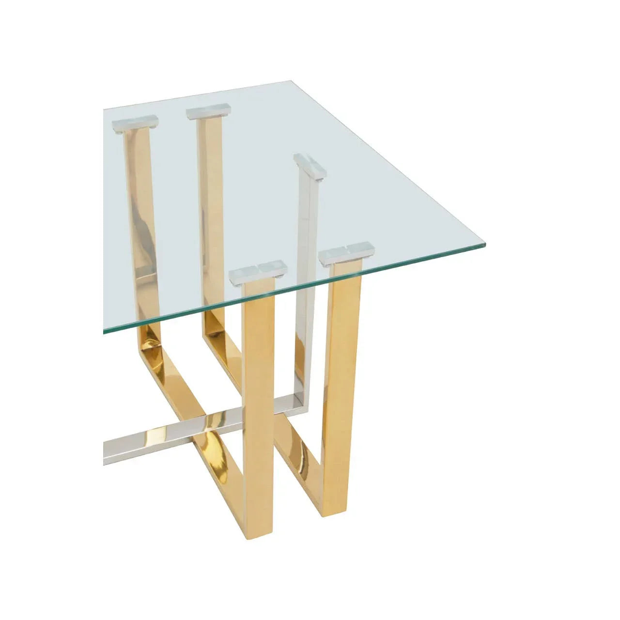 Glass top side table with gold and chrome metal legs, modern square design