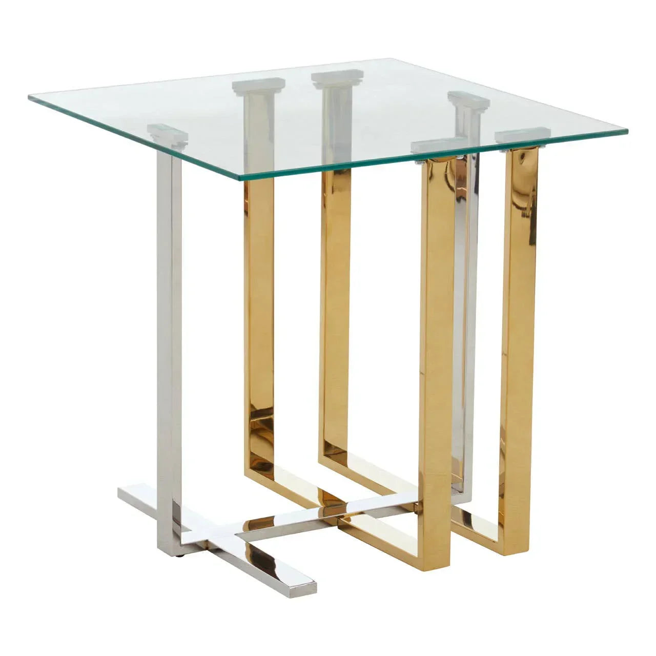 Square glass top side table with gold and chrome metal legs, modern living room furniture