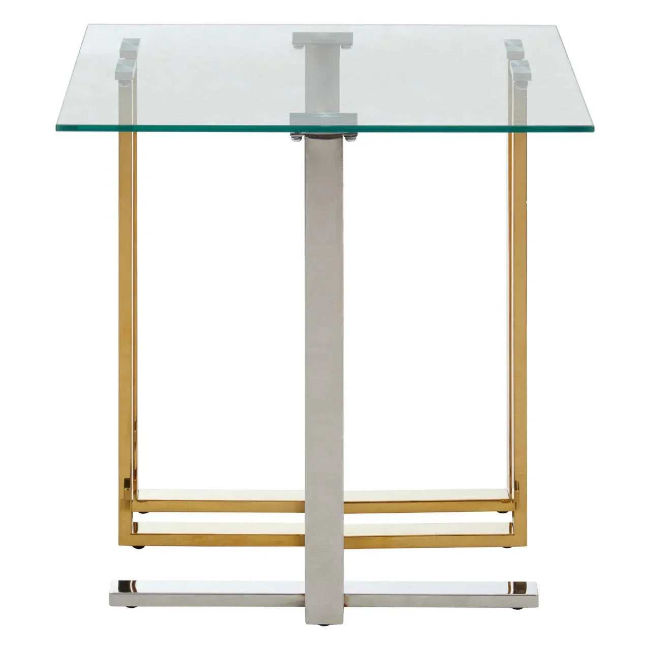 Glass side table with gold and chrome metal frame, front view