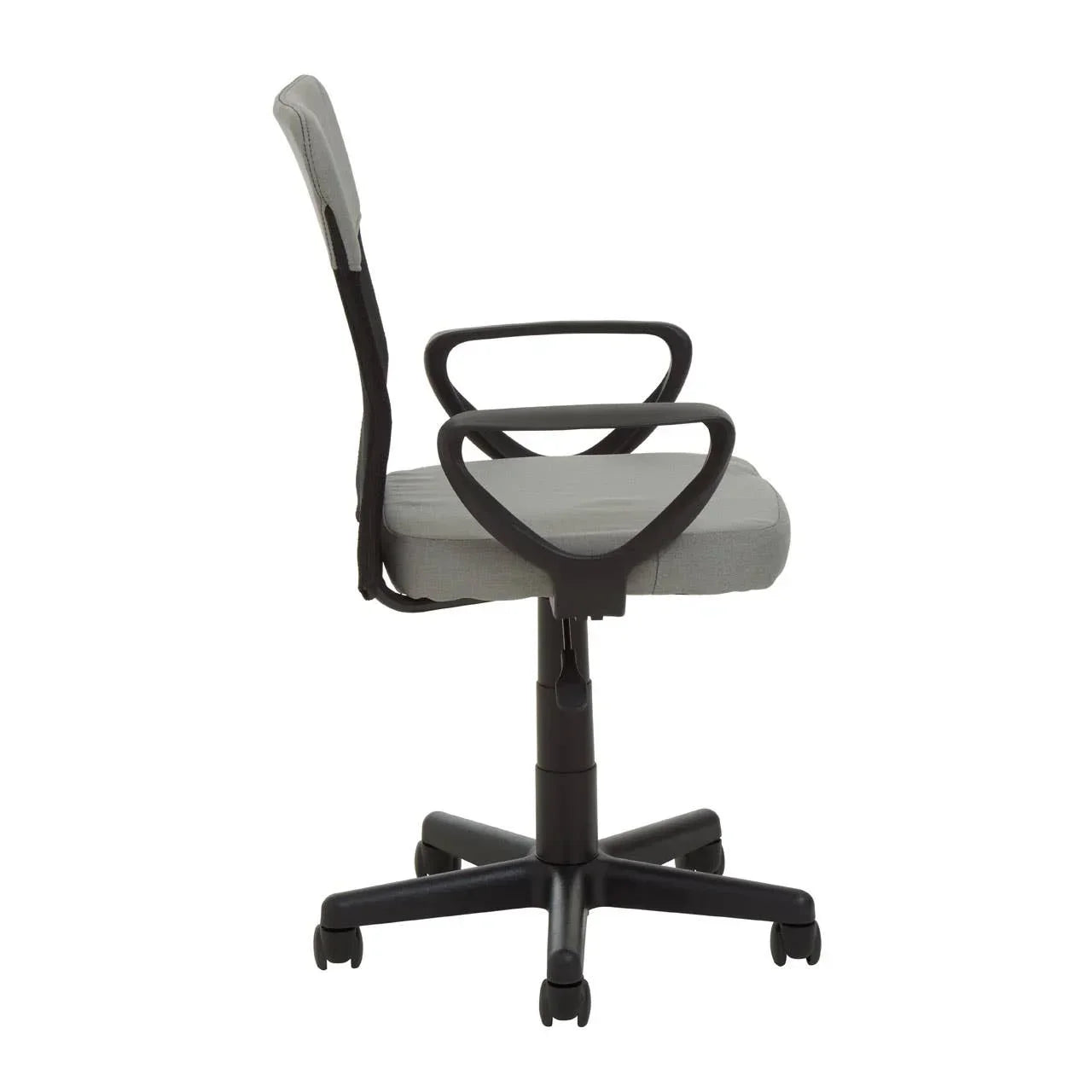 Side view of grey office chair with black armrests and wheeled base