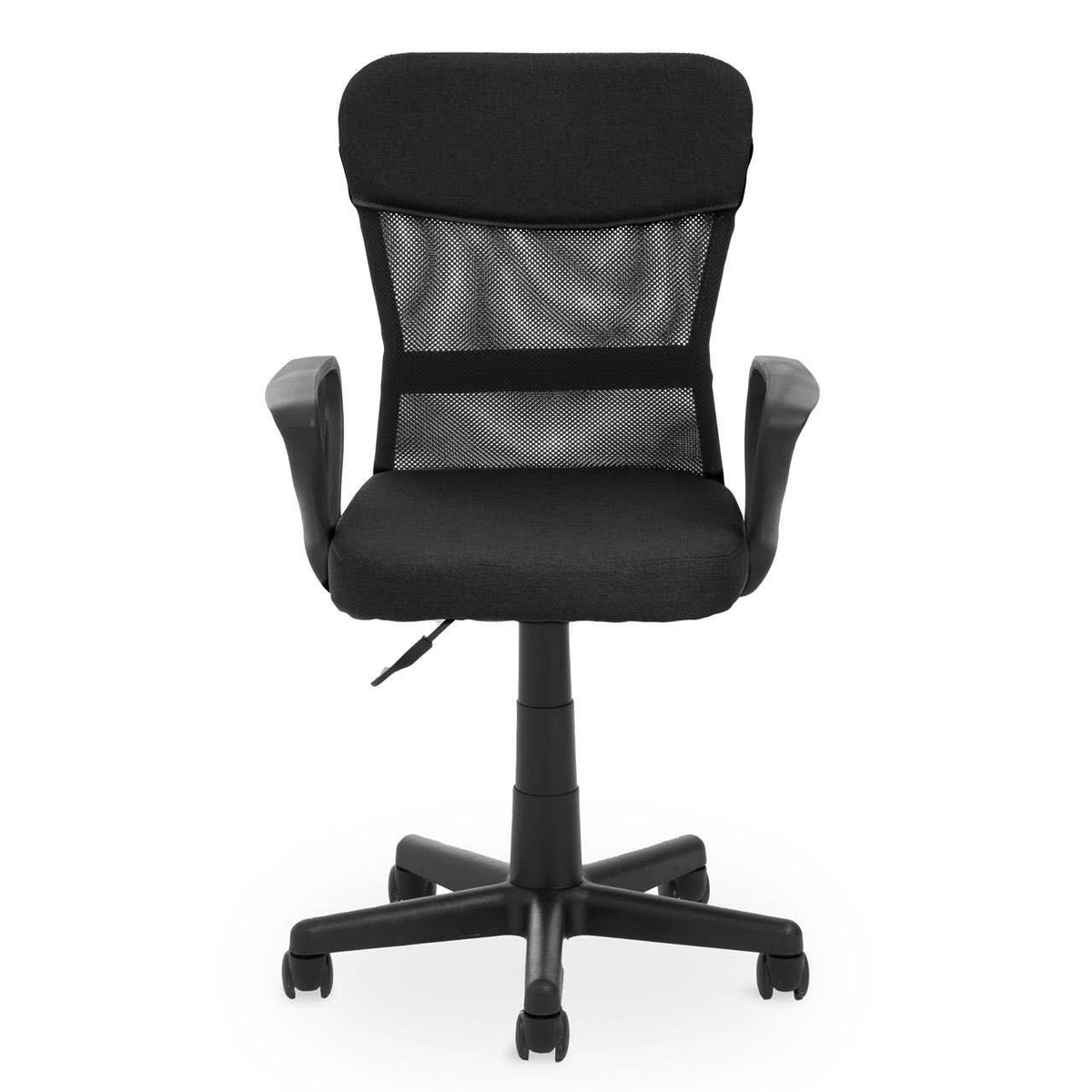 Black mesh office chair with armrests and adjustable height on wheeled base, front view