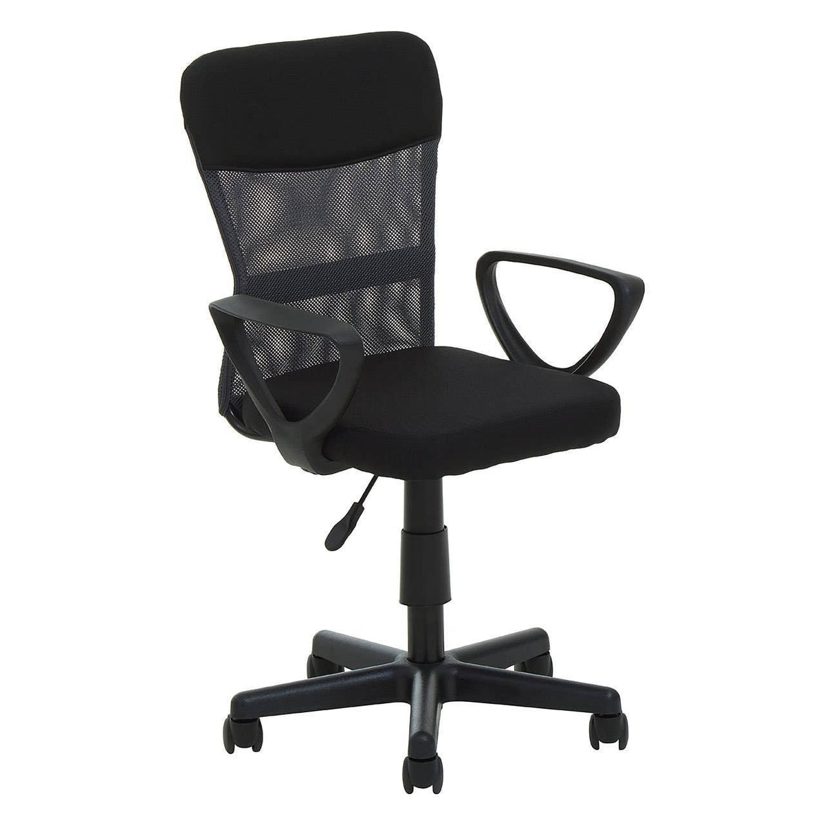 Black mesh office chair with padded seat, armrests, and five-wheel base