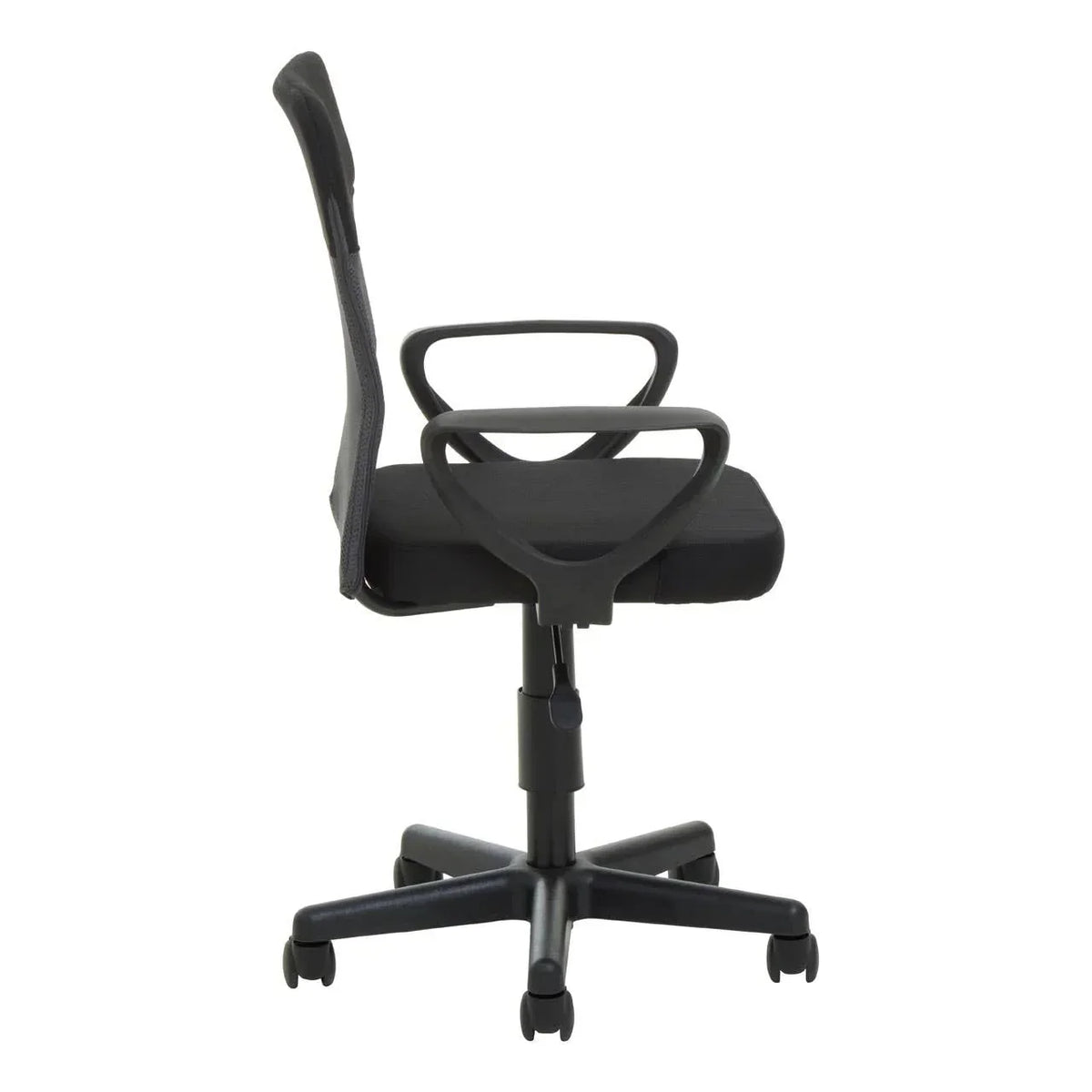 Black mesh office chair with armrests and swivel base, shown in side profile