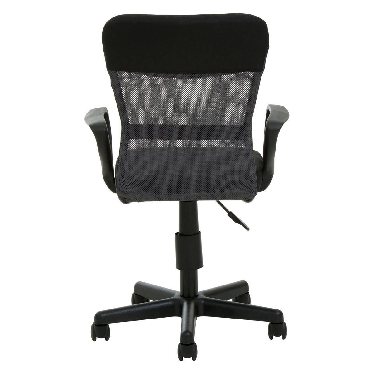 Black mesh office chair with armrests, adjustable height, and five-wheel base, rear view
