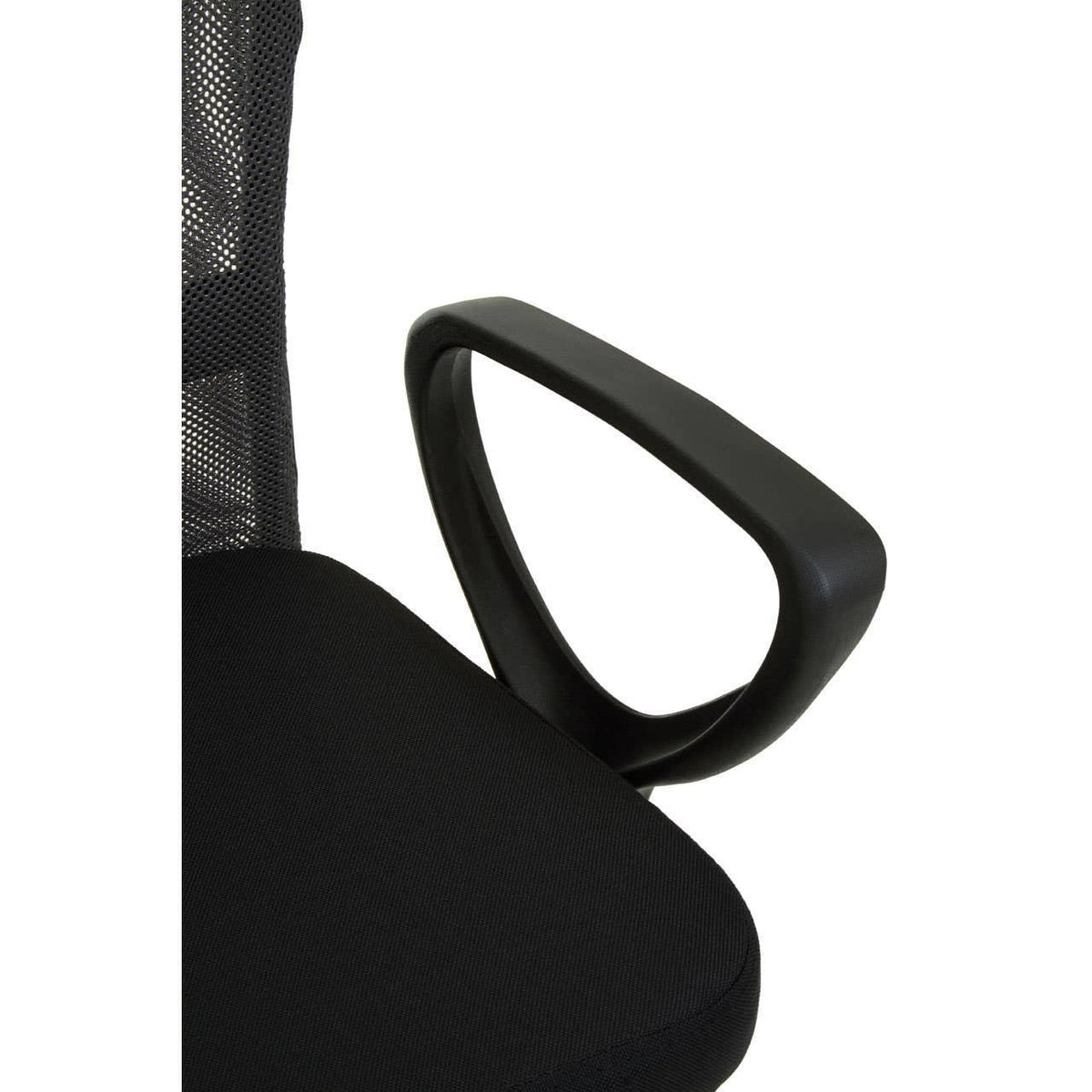 Black mesh office chair armrest and seat closeup