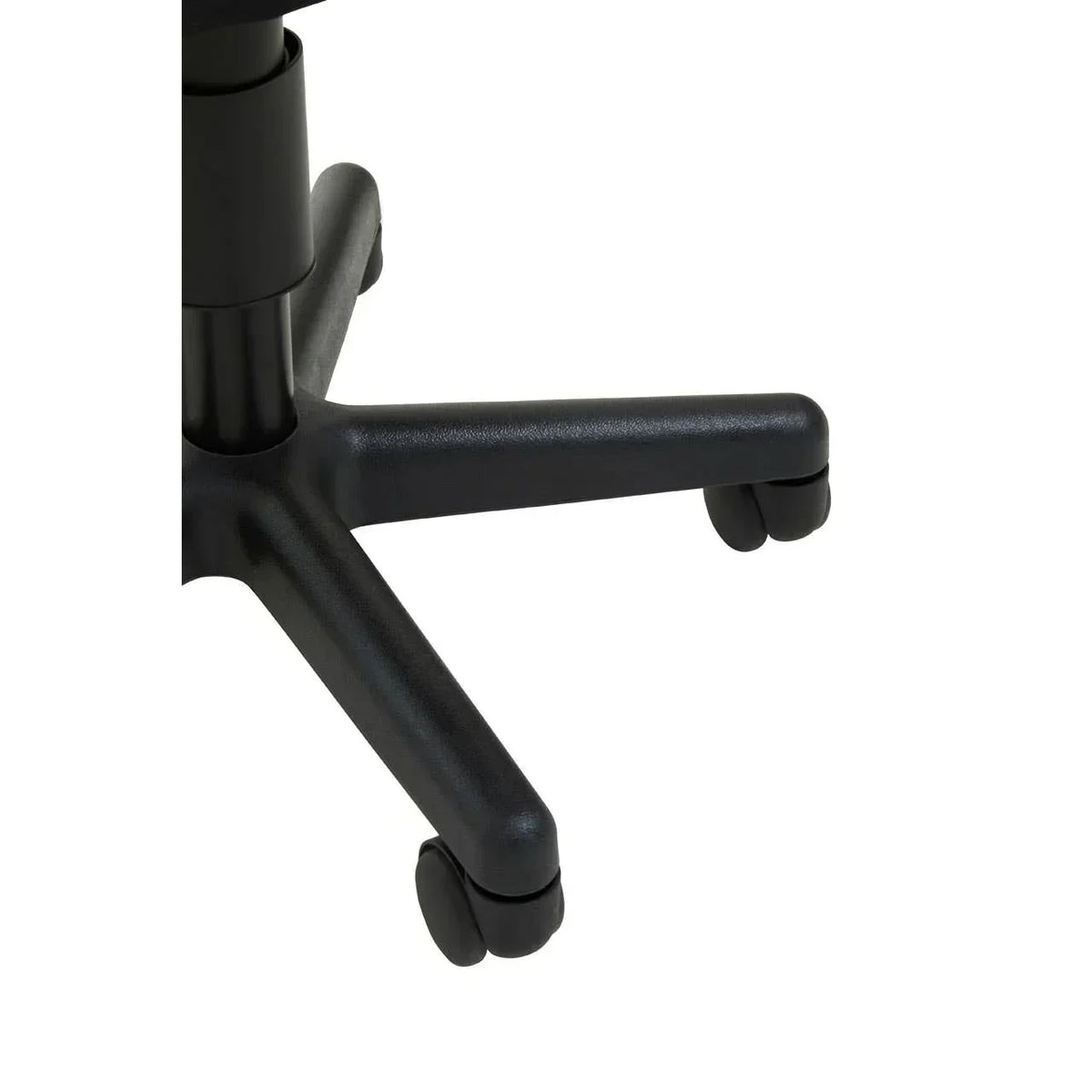 Black office chair base with five legs and swivel castor wheels close-up