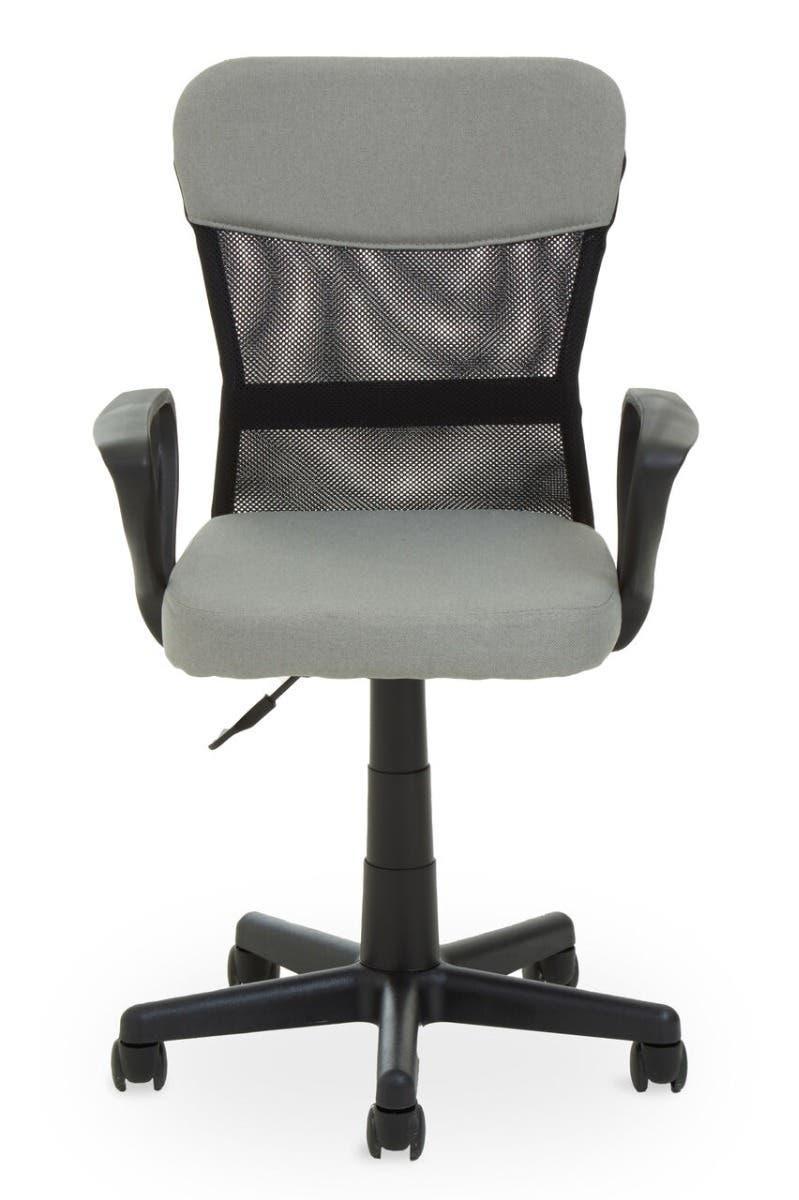 Grey mesh office chair with black armrests and wheels, front view