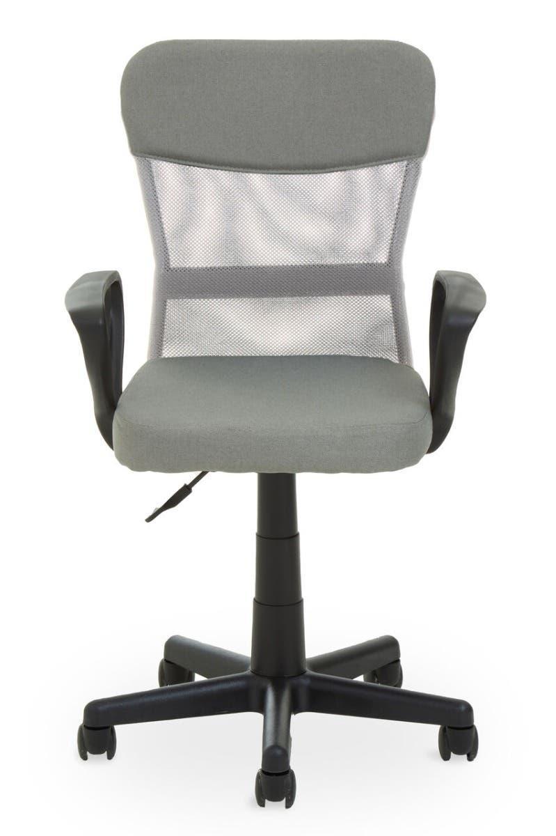 Grey mesh office chair with padded seat, armrests and five-wheel black base