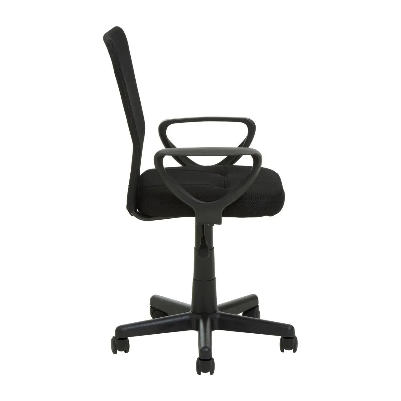 Black fabric office chair with armrests and swivel base, side view
