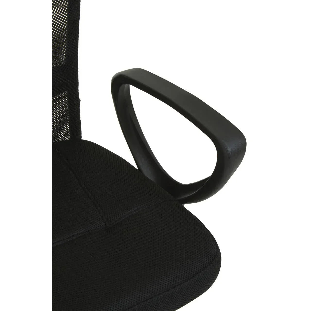 Black mesh office chair with curved plastic armrest and padded seat close-up