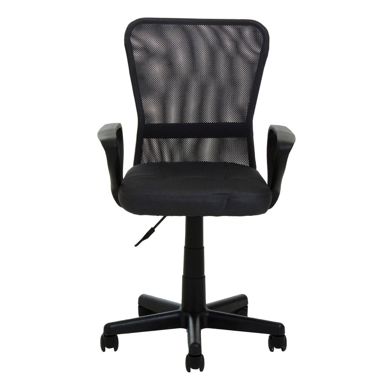 Black mesh office chair with armrests and five-wheel base, front view