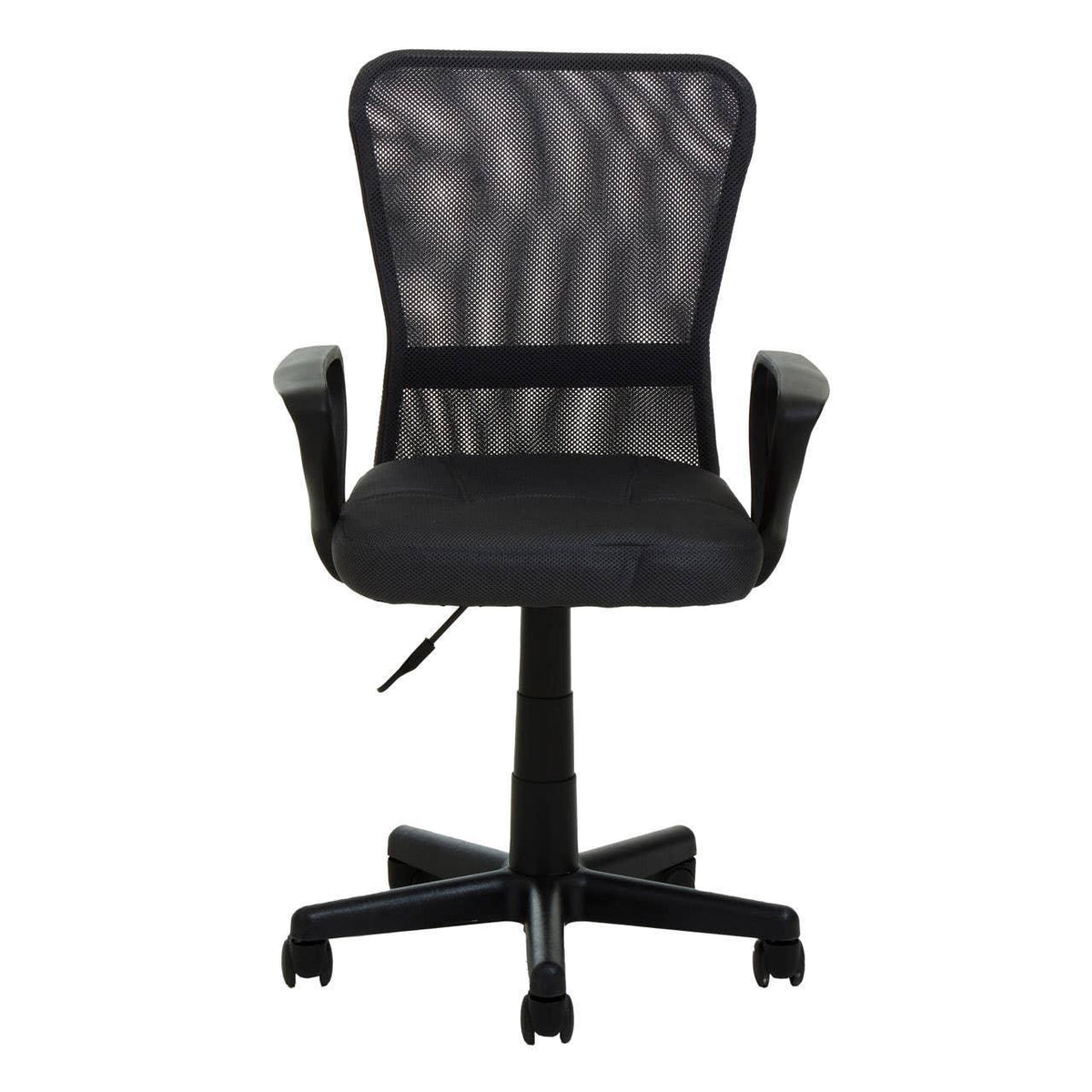 Black mesh-back office chair with armrests and castor wheelbase, front view