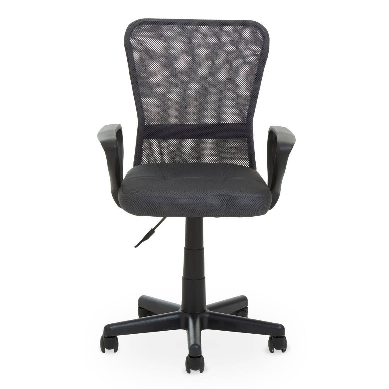 Black mesh office chair with adjustable height, curved arms and swivel base on castors