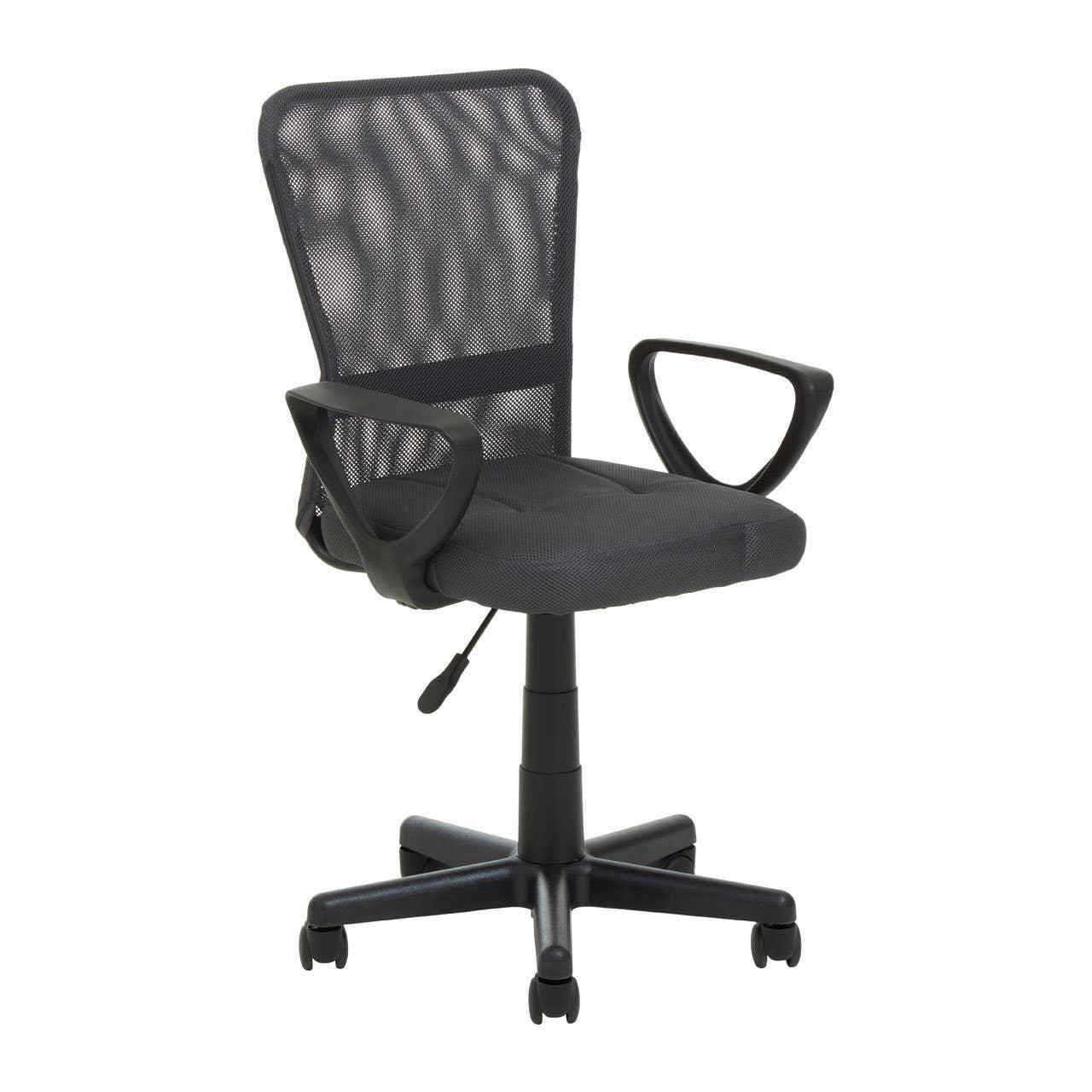 Black mesh office chair with armrests and adjustable height on five-wheel base