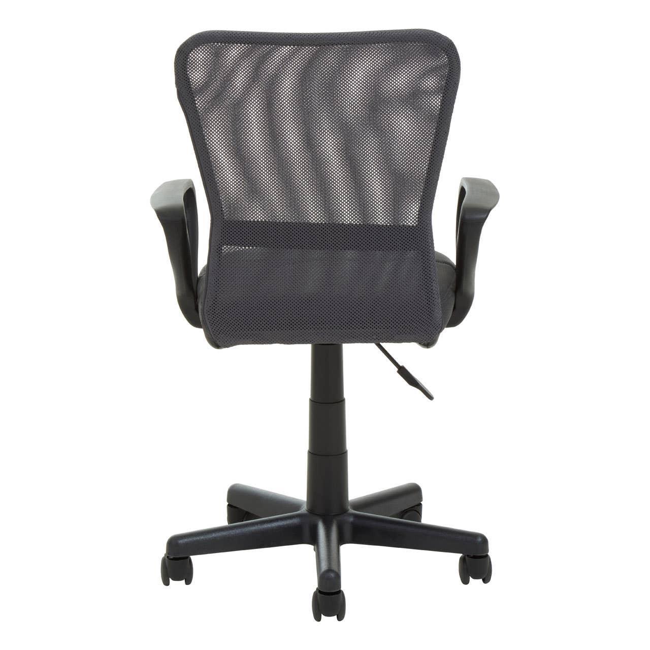 Black mesh office chair with armrests and five-wheel base, rear view