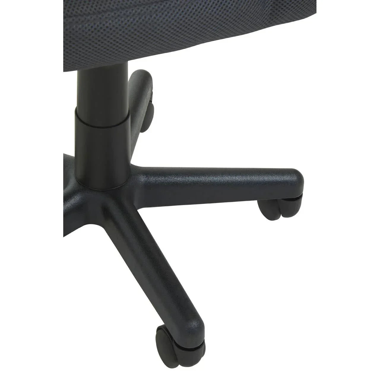 Black office chair base with five legs and castor wheels on white background