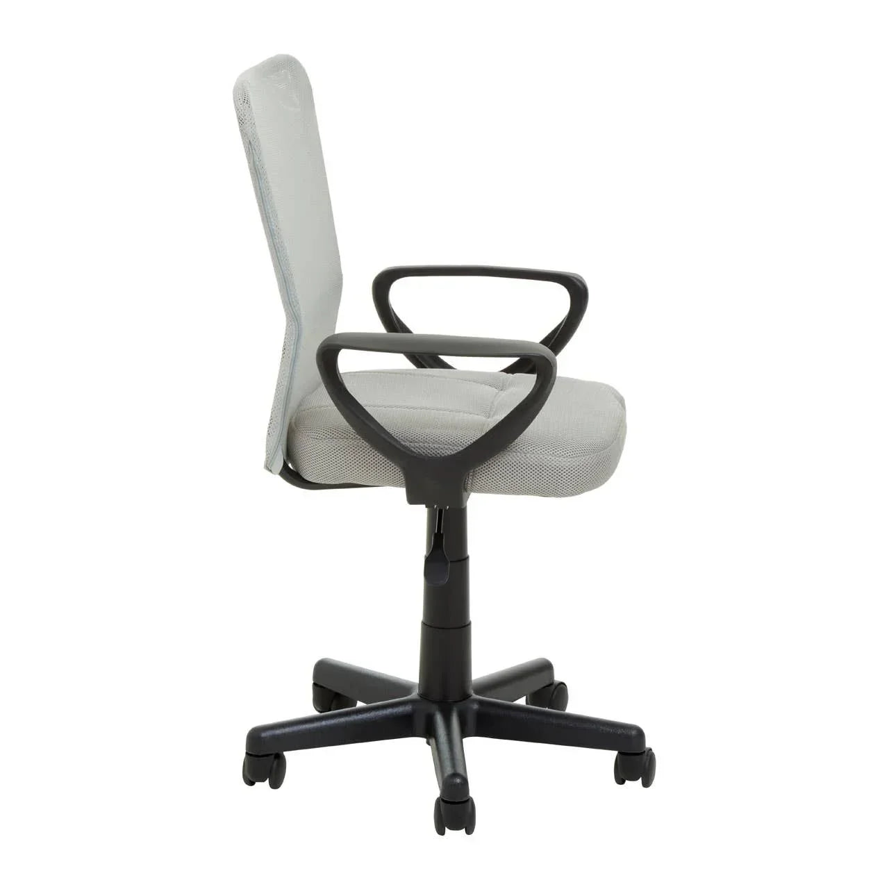 Light grey office chair with black armrests and wheeled base, side profile view