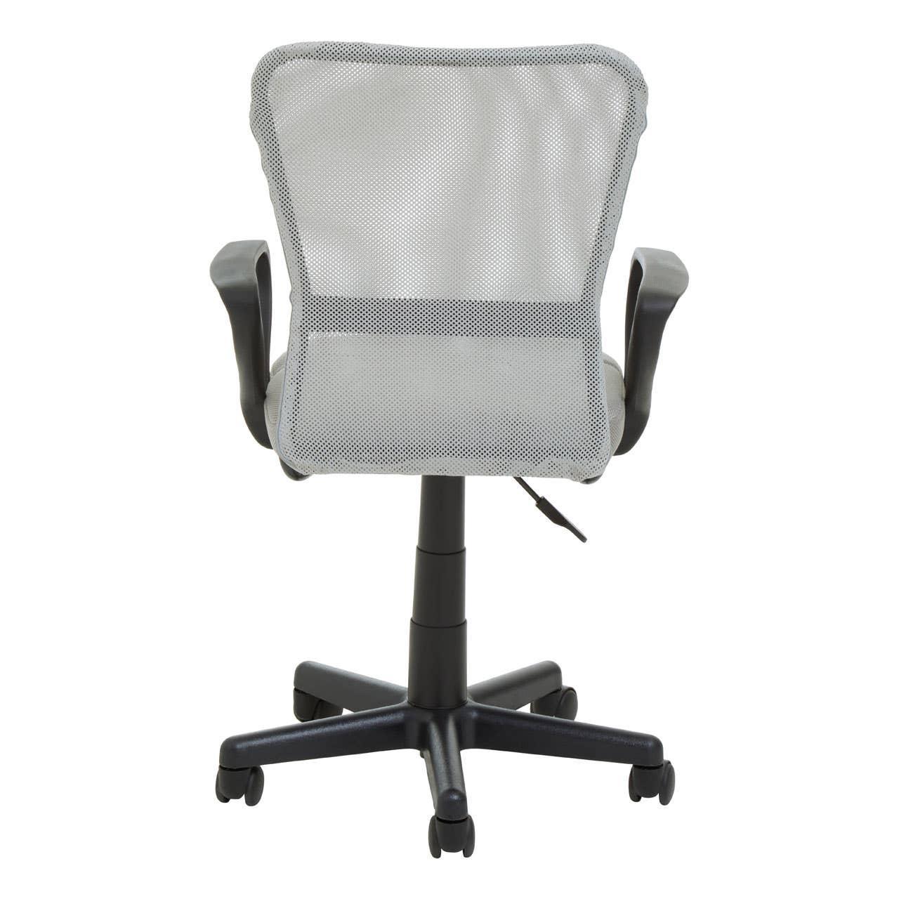 Grey mesh office chair rear view with adjustable height and black armrests on castors